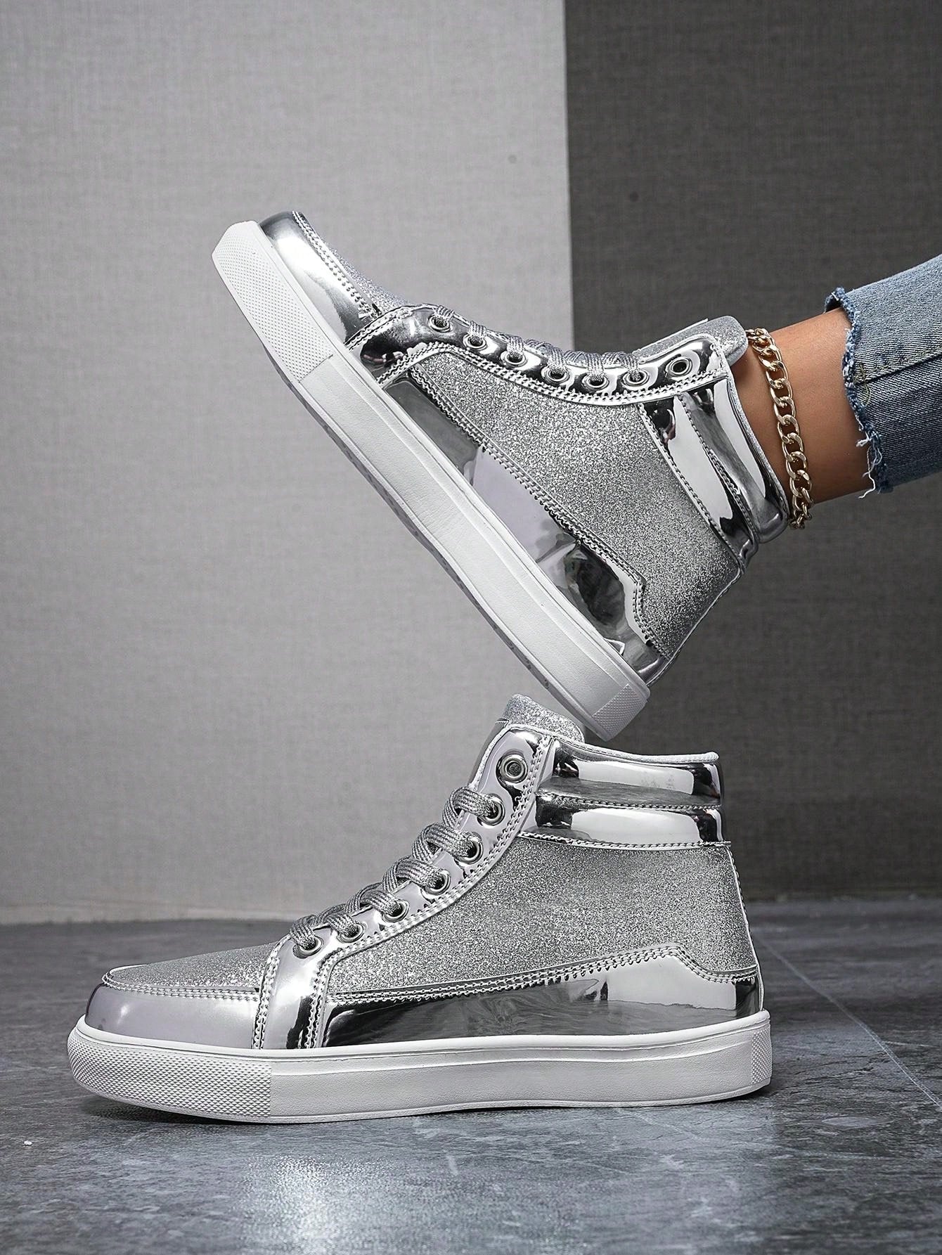 Unisex Metallic Glitter Casual Performance High Top Sneakers, Fashionable Front Strap, Personalized Trendy Shoes, Versatile Dance Shoes, Comfortable Couple Athletic Shoes