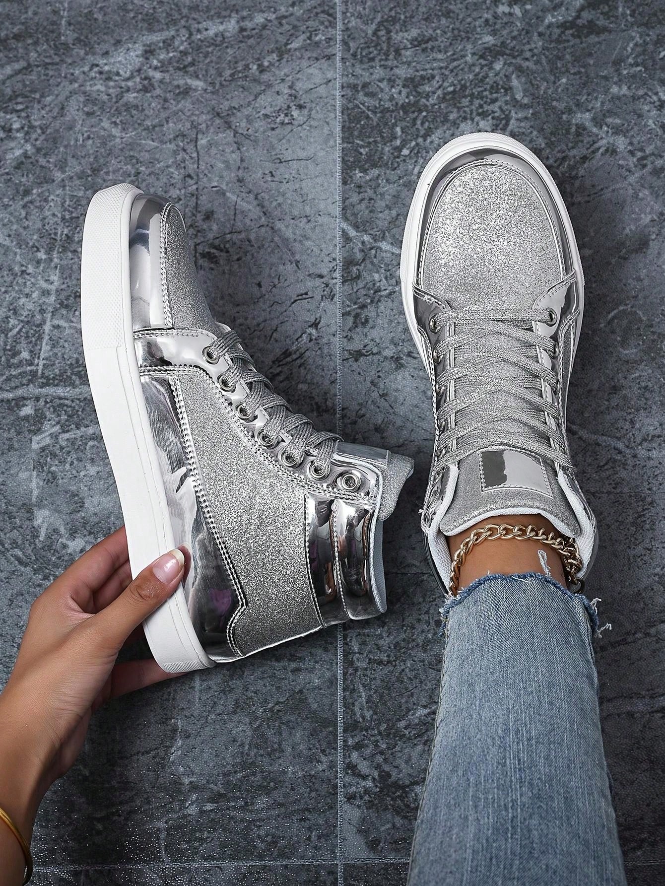 Unisex Metallic Glitter Casual Performance High Top Sneakers, Fashionable Front Strap, Personalized Trendy Shoes, Versatile Dance Shoes, Comfortable Couple Athletic Shoes