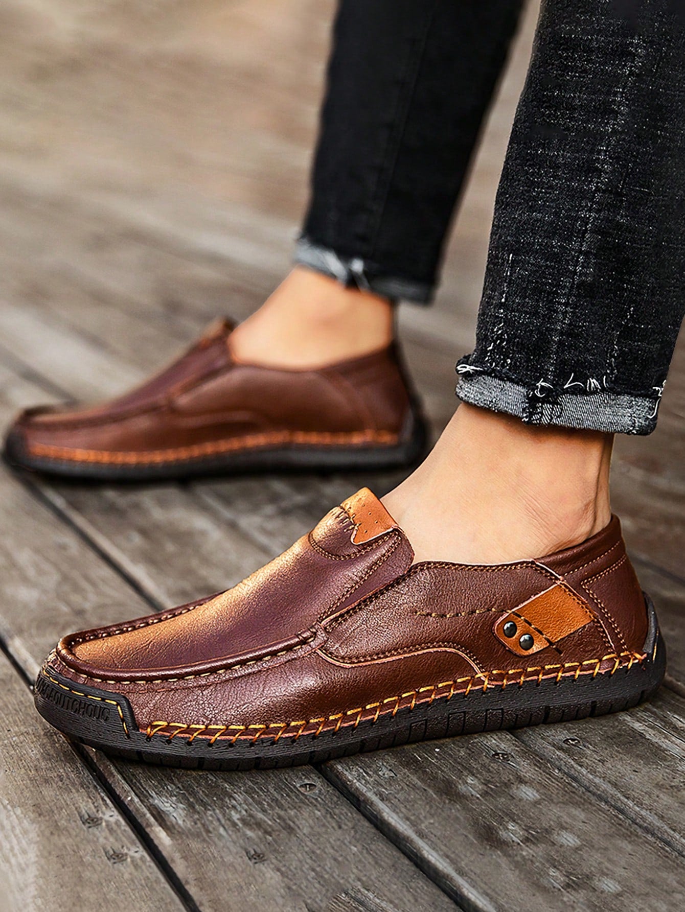 Men Casual Driving Loafers With Double-Layer Leather Upper, Slip-On Style For Spring/Summer, Soft And Comfortable Leather Shoes