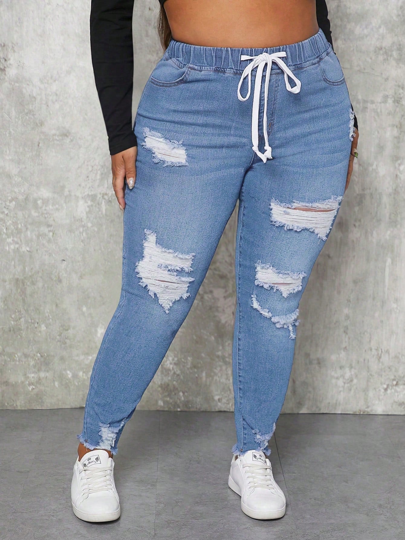 SXY Plus Size Elastic Waist Trendy All-Match Slim Fit Distressed Denim Jeans