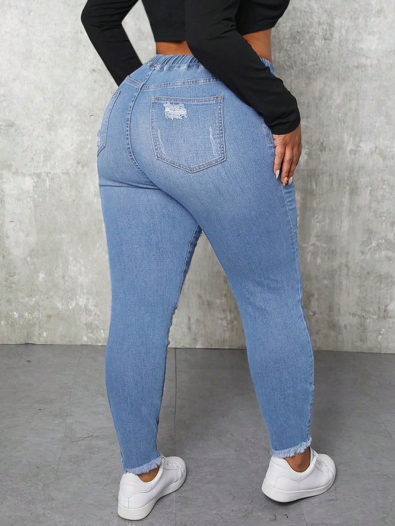 SXY Plus Size Elastic Waist Trendy All-Match Slim Fit Distressed Denim Jeans