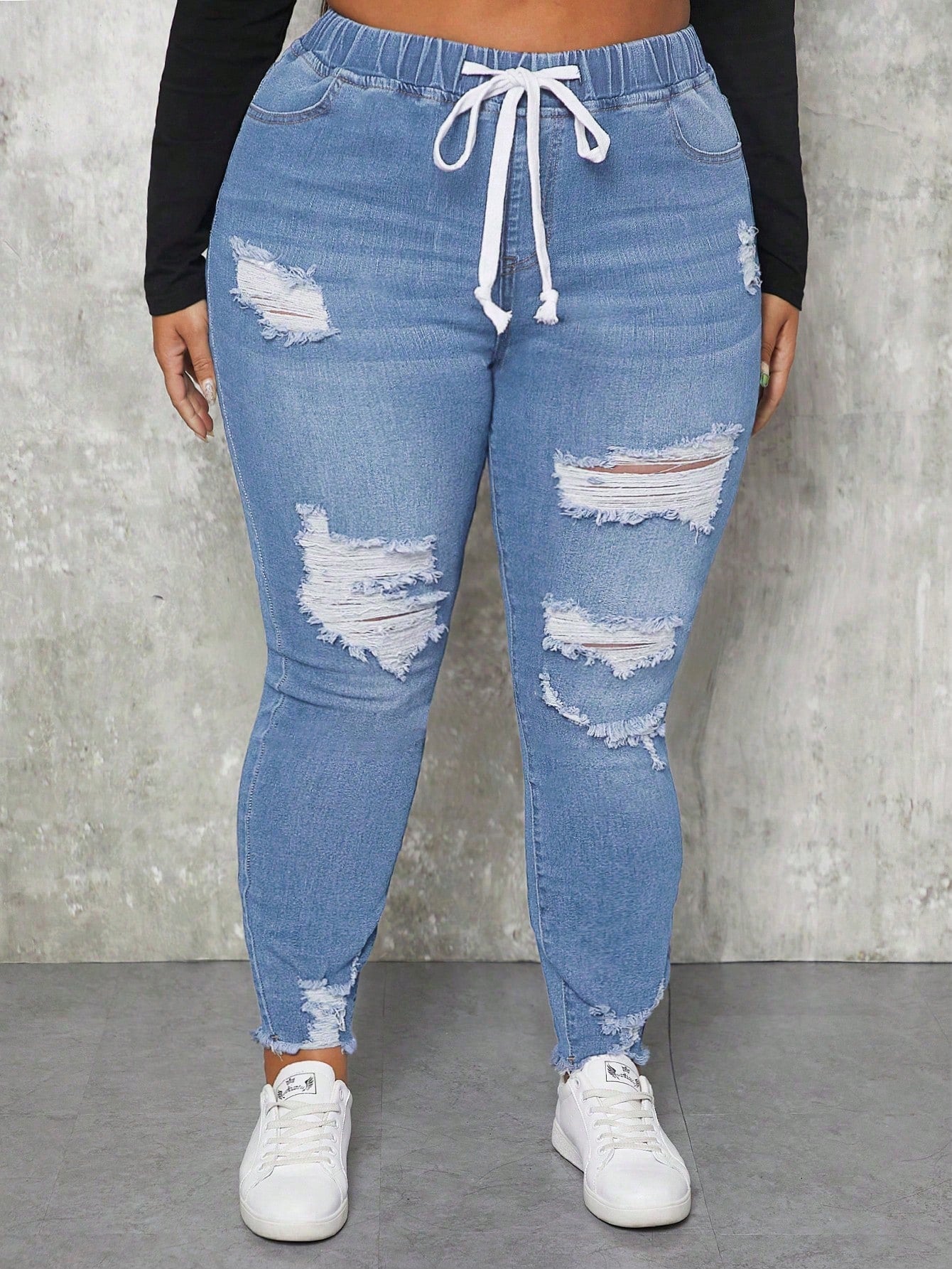 SXY Plus Size Elastic Waist Trendy All-Match Slim Fit Distressed Denim Jeans