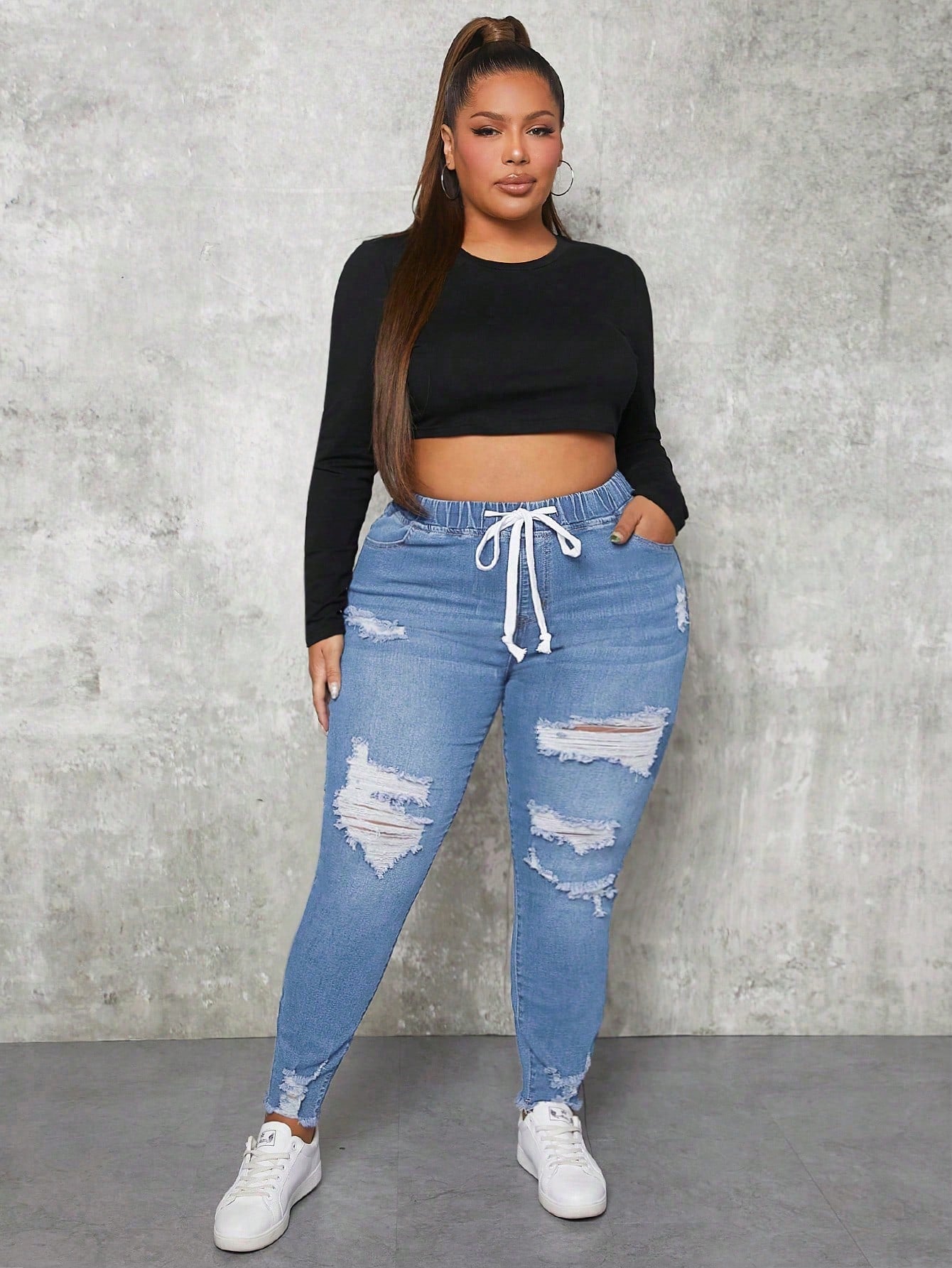 SXY Plus Size Elastic Waist Trendy All-Match Slim Fit Distressed Denim Jeans