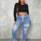 SXY Plus Size Elastic Waist Trendy All-Match Slim Fit Distressed Denim Jeans