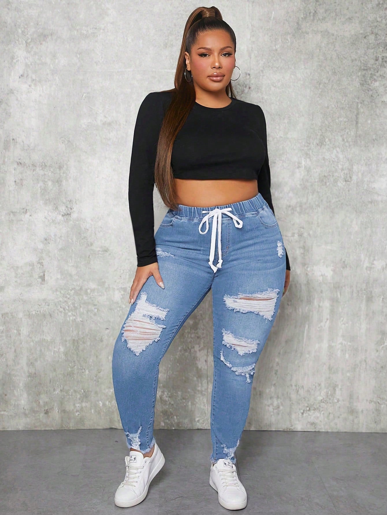 SXY Plus Size Elastic Waist Trendy All-Match Slim Fit Distressed Denim Jeans