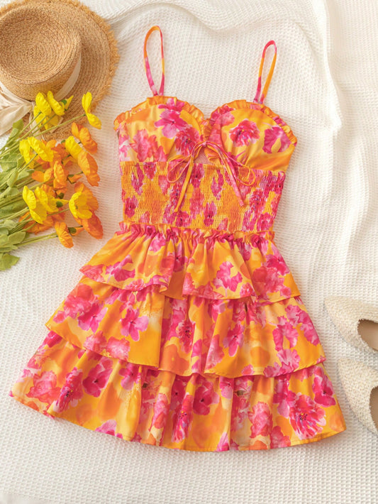 WYWH Wywh Women's Vacation Romantic Countryside Style 3 Tiered Ruffle Trimmed Sundress With Orange-Red Floral Watercolor Print And Cupped Design