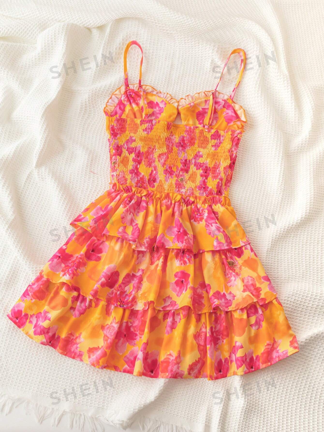 WYWH Wywh Women's Vacation Romantic Countryside Style 3 Tiered Ruffle Trimmed Sundress With Orange-Red Floral Watercolor Print And Cupped Design