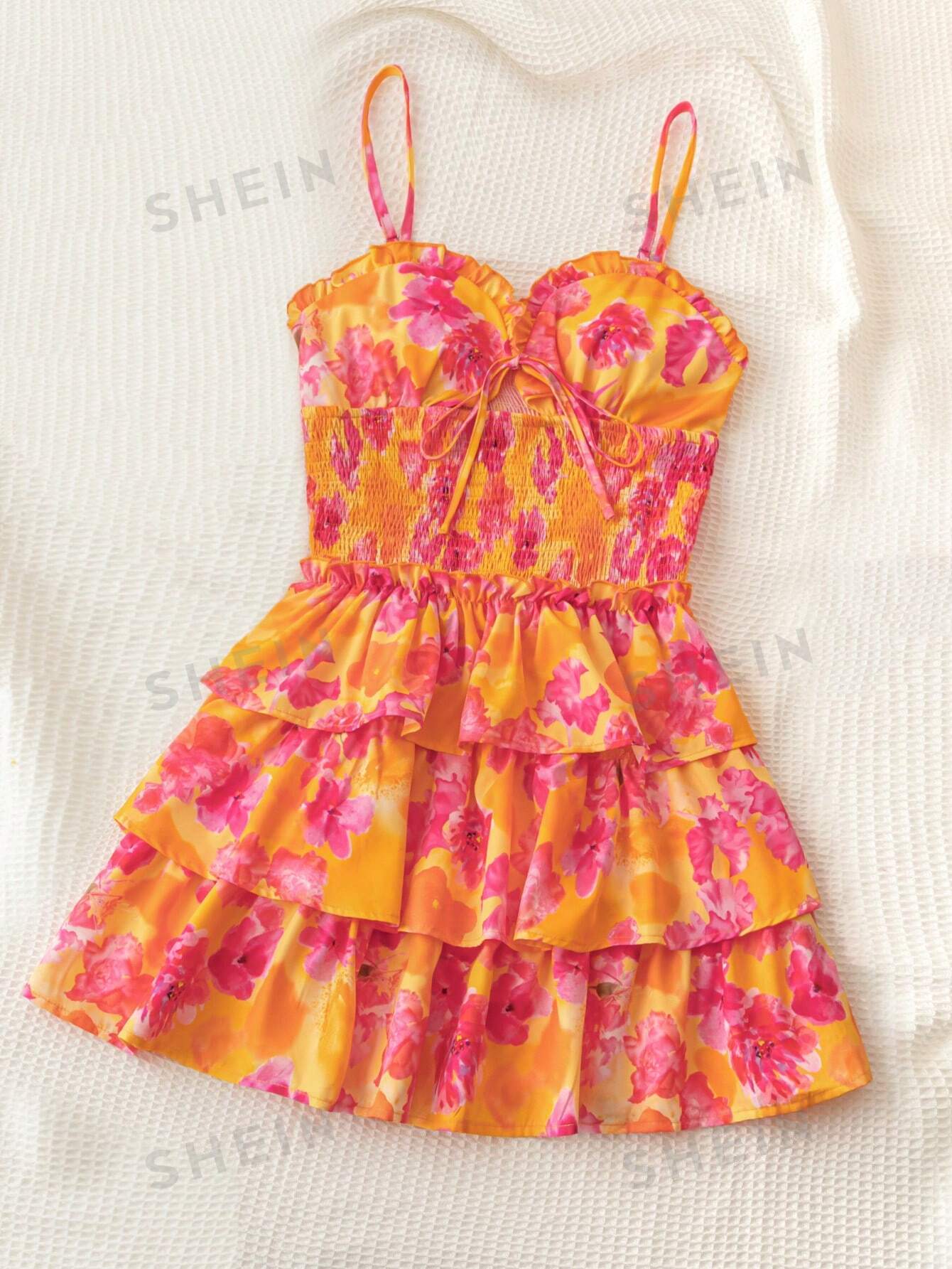 WYWH Wywh Women's Vacation Romantic Countryside Style 3 Tiered Ruffle Trimmed Sundress With Orange-Red Floral Watercolor Print And Cupped Design