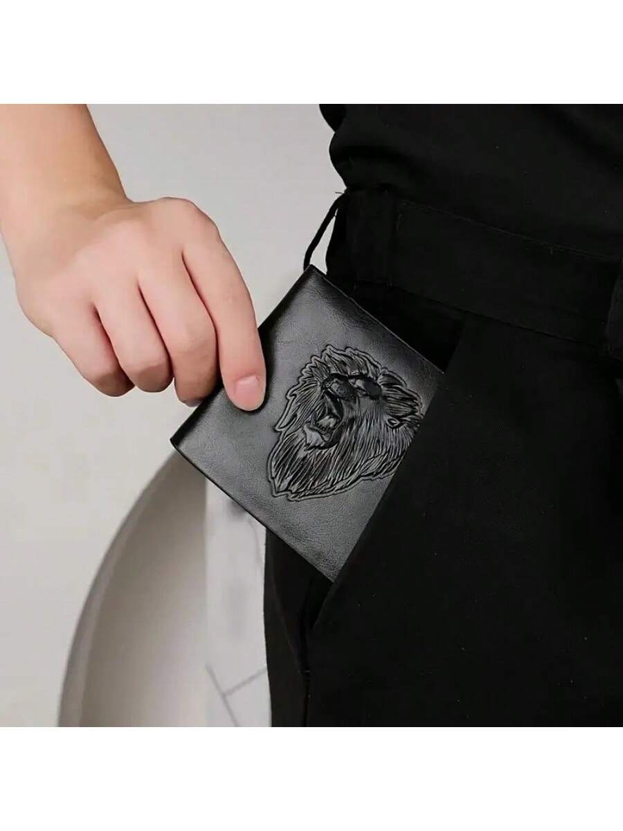 1PC Men's Business Wallet - Elegant Black PU Leather With 3D Embossed Lion, Slim And Functional Design Three-Fold Wallet Gift