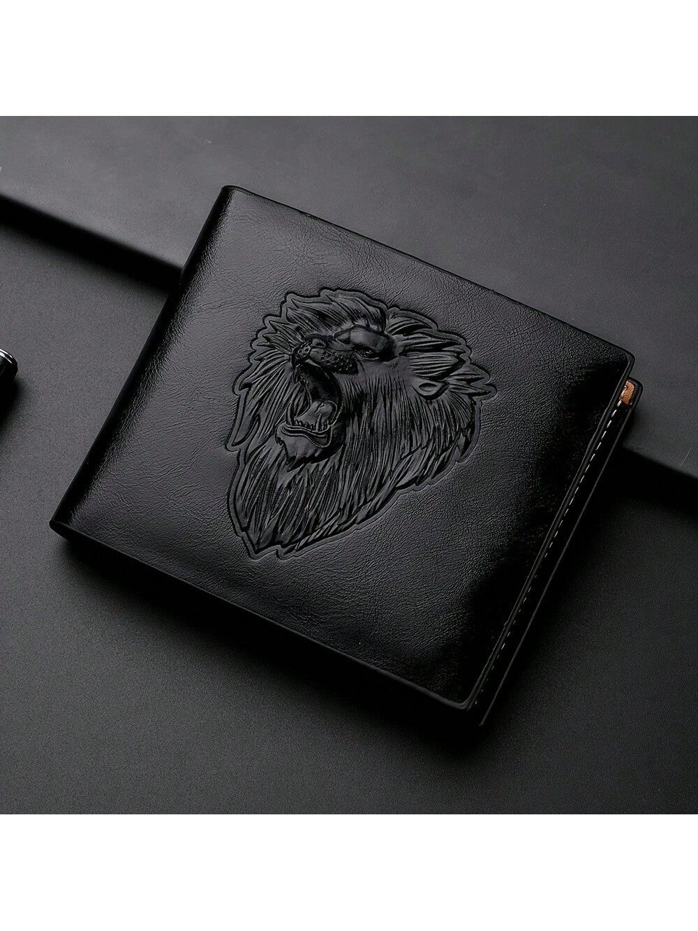 1PC Men's Business Wallet - Elegant Black PU Leather With 3D Embossed Lion, Slim And Functional Design Three-Fold Wallet Gift