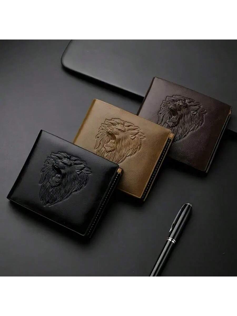 1PC Men's Business Wallet - Elegant Black PU Leather With 3D Embossed Lion, Slim And Functional Design Three-Fold Wallet Gift