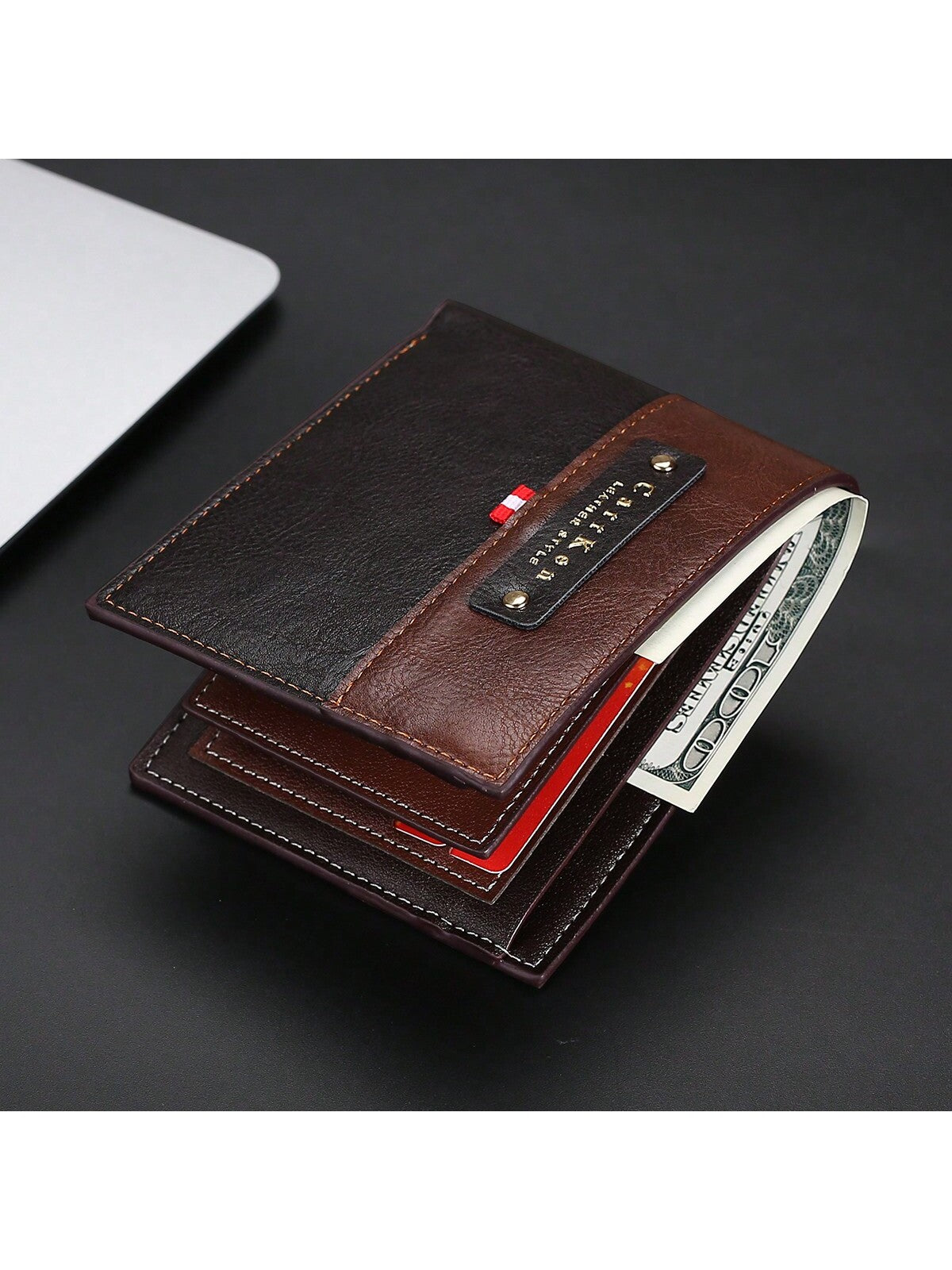 CarrKen Men's Retro Fashion Color-Block Short Wallet Horizontal Large Capacity Credit Card