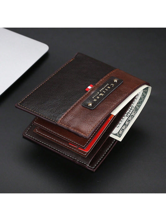 CarrKen Men's Retro Fashion Color-Block Short Wallet Horizontal Large Capacity Credit Card