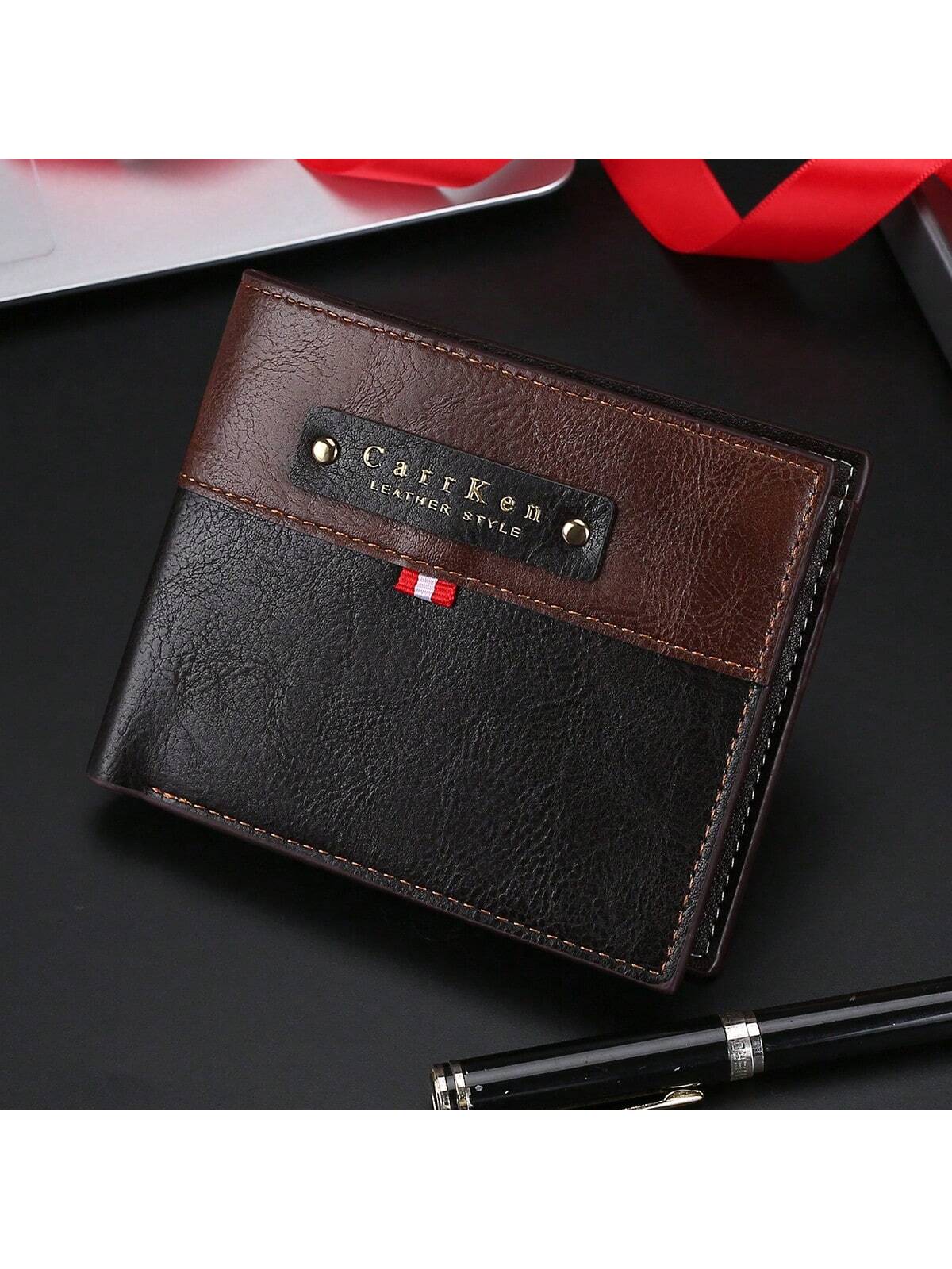 CarrKen Men's Retro Fashion Color-Block Short Wallet Horizontal Large Capacity Credit Card