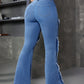 ICON Women Fashion Mottled Washed Denim Patchwork Flared Jeans With Frayed Hem