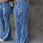 ICON Women Fashion Mottled Washed Denim Patchwork Flared Jeans With Frayed Hem