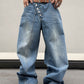 Manfinity EMRG Men Washed Loose Waistband Asymmetrical Wide Leg Denim Pants With Slanted Pockets