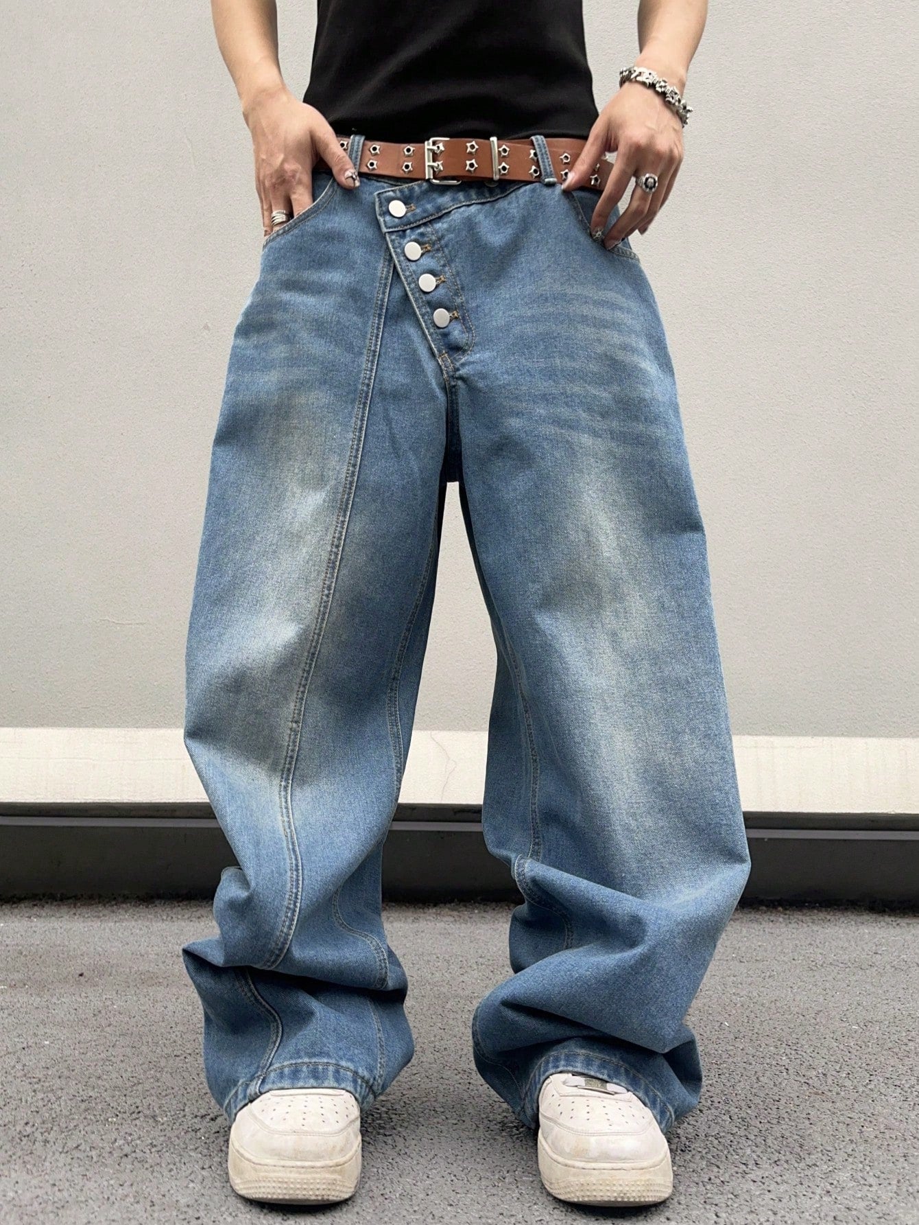 Manfinity EMRG Men Washed Loose Waistband Asymmetrical Wide Leg Denim Pants With Slanted Pockets