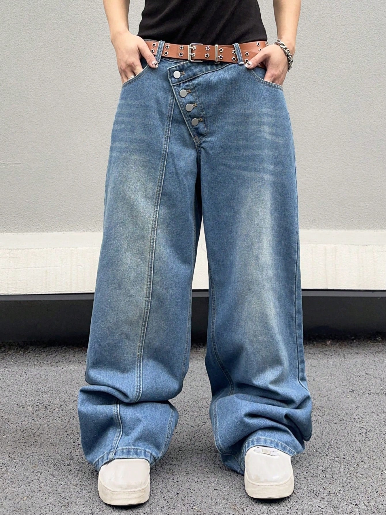 Manfinity EMRG Men Washed Loose Waistband Asymmetrical Wide Leg Denim Pants With Slanted Pockets