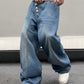 Manfinity EMRG Men Washed Loose Waistband Asymmetrical Wide Leg Denim Pants With Slanted Pockets