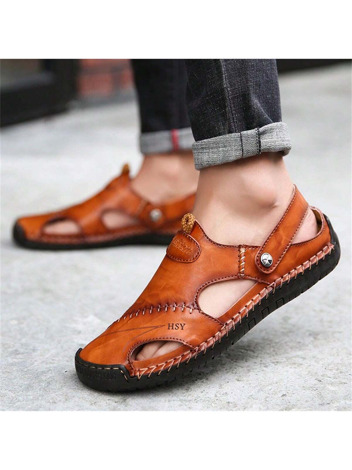 Men Genuine Leather Summer Sandals Outdoor Anti-Slip Soft Bottom Beach Shoes Male Comfortable Breathable Slippers For Driving And Casual Wear