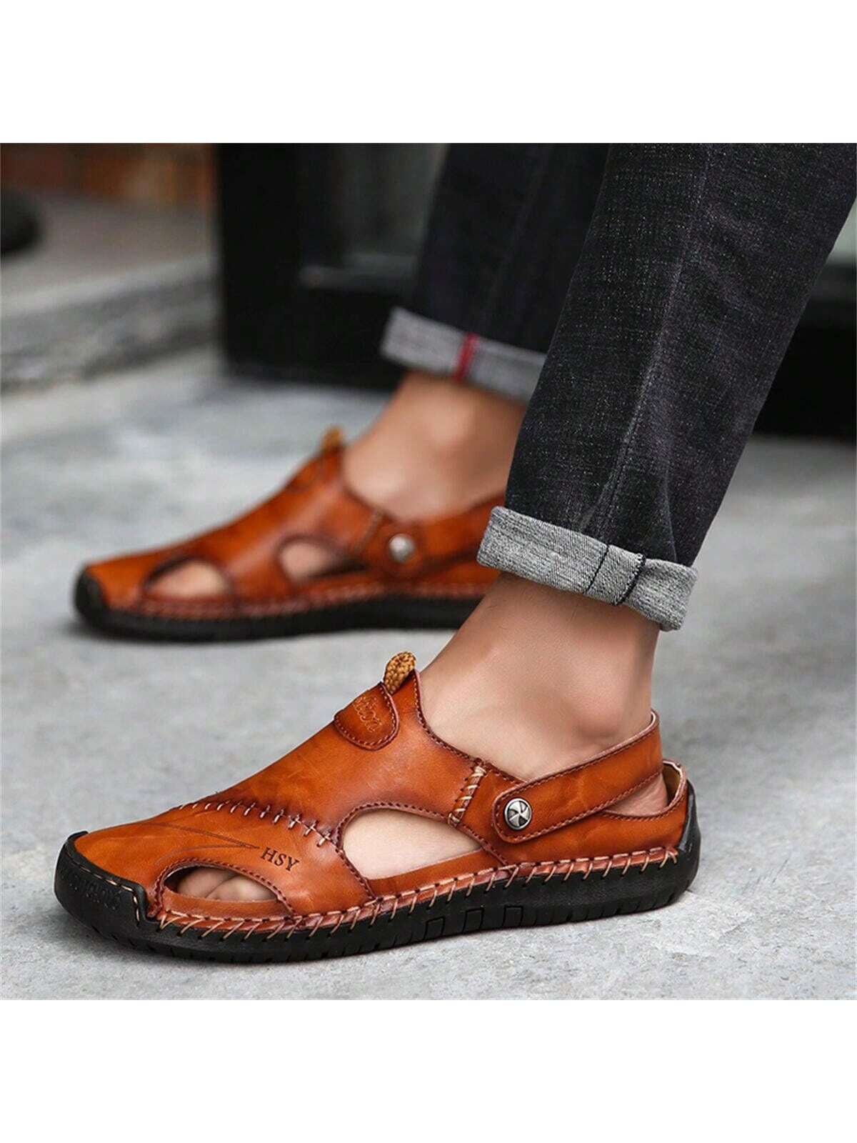 Men Genuine Leather Summer Sandals Outdoor Anti-Slip Soft Bottom Beach Shoes Male Comfortable Breathable Slippers For Driving And Casual Wear