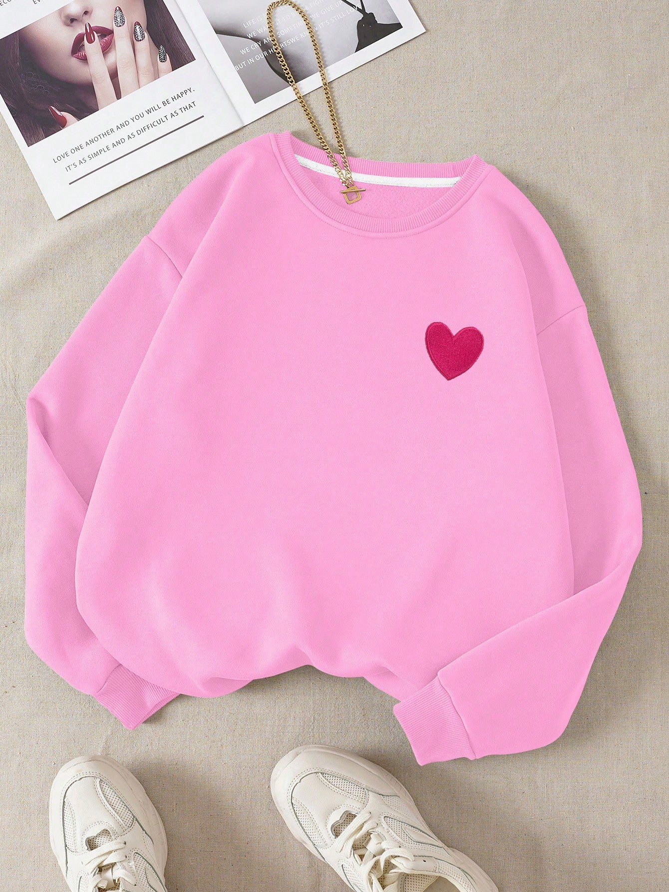 EZwear Heart Print Thermal Lined Sweatshirt,Long Sleeve Tops