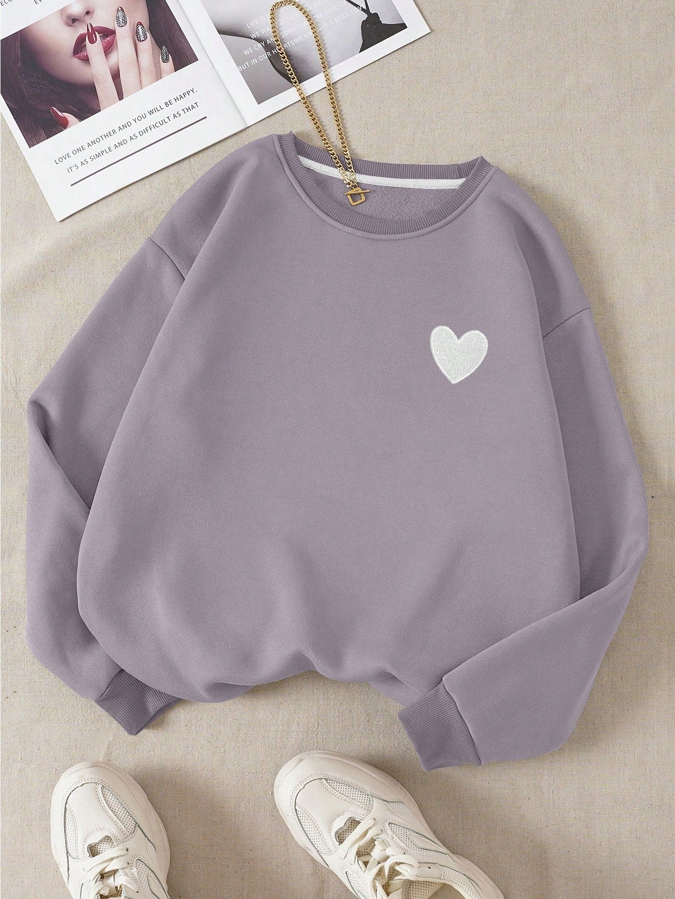 EZwear Heart Print Thermal Lined Sweatshirt,Long Sleeve Tops