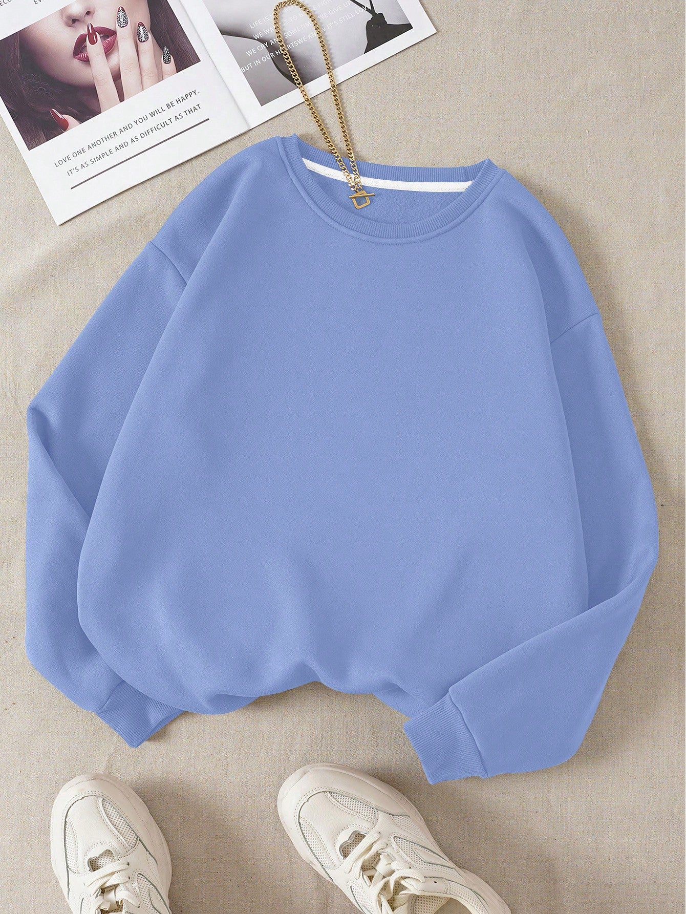 INAWLY Solid Round Neck Thermal Lined Sweatshirt,Long Sleeve Tops