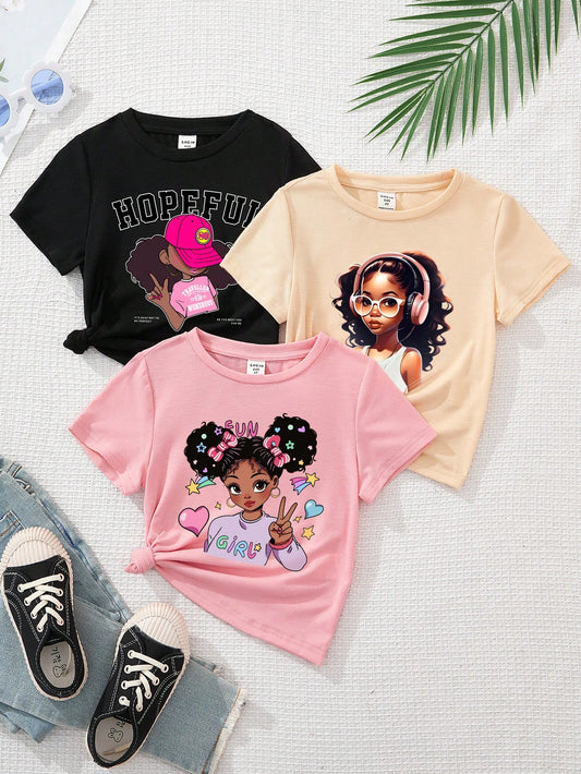 Casual Cartoon Girl Pattern T-Shirts In Black, Apricot And Pink Color, Suitable For Summer, Including Cute Girl, Young Girl Styles.