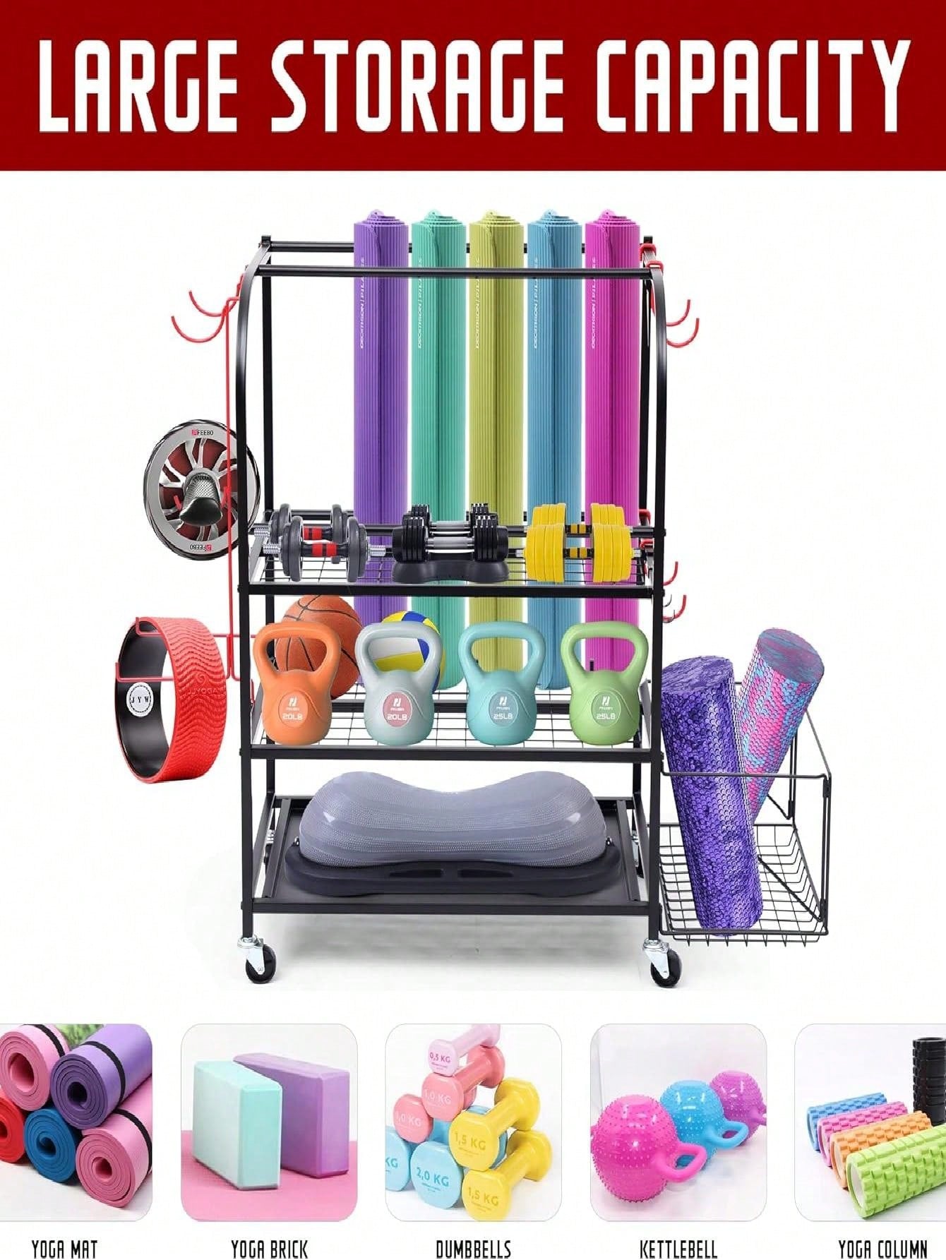 Toy Storage, Sports Equipment Storage Organizer Garage Storage System Ball Storage Mat Rack