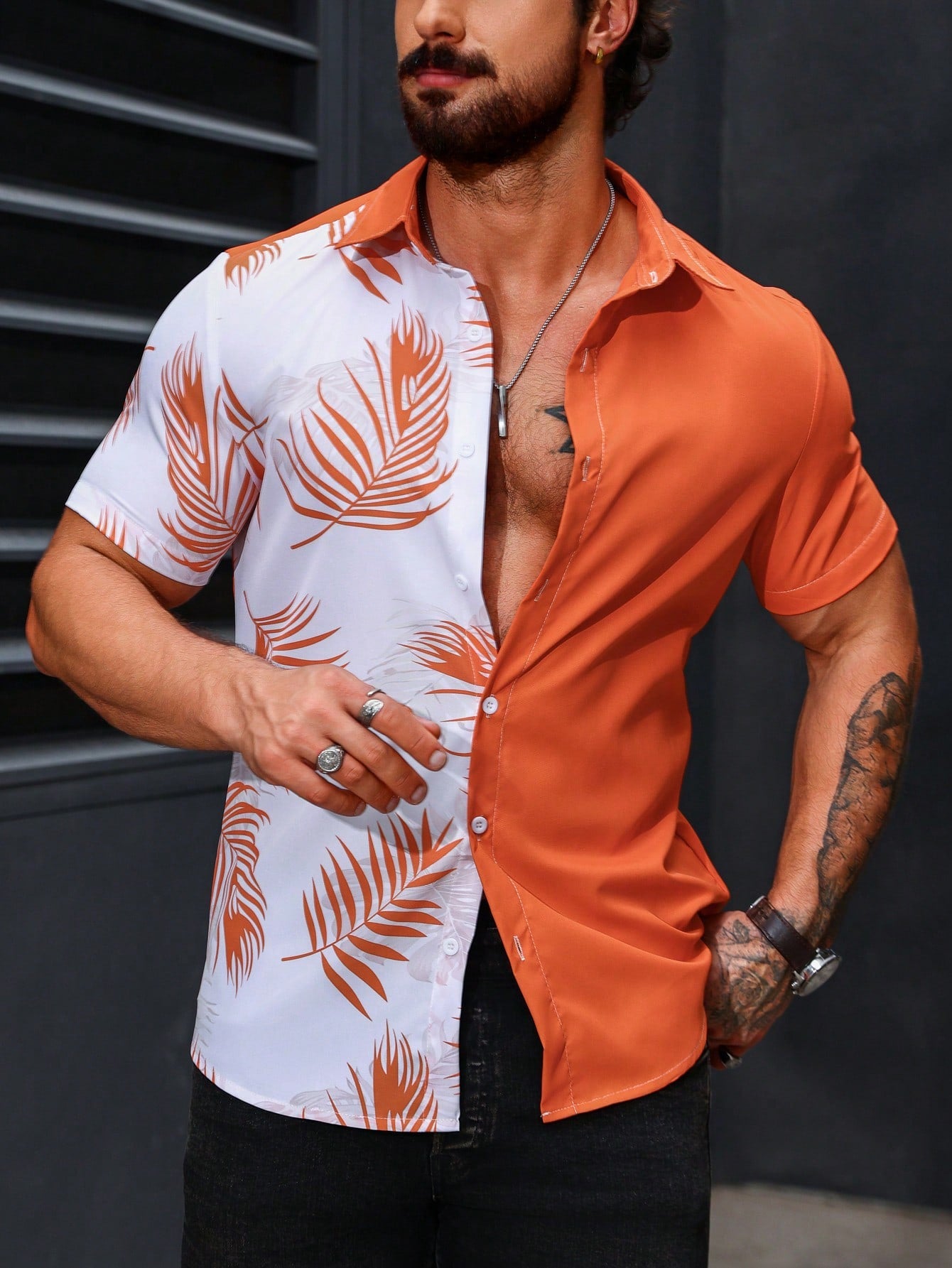 Manfinity RSRT Men Casual Color Block Plant Palm Tree Graphic Printed Short Sleeve Collar Shirt For Summer, Vacation