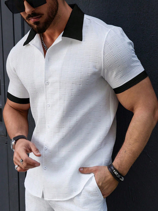 Manfinity Homme Men Color Block Trimmed Casual Daily Matching Short Sleeve Shirt