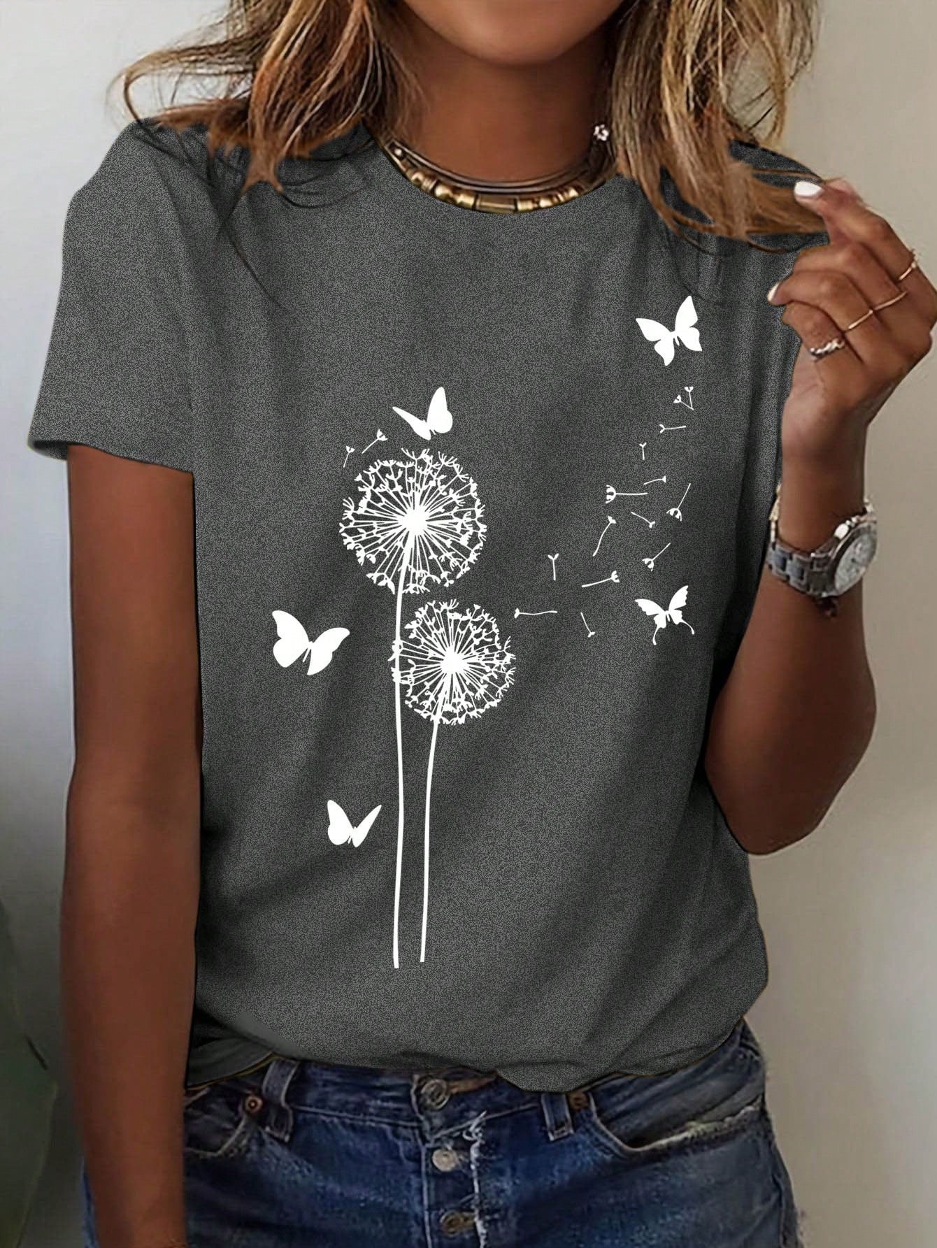 EMERY ROSE Dandelion Butterfly Pattern Short Sleeve Round Neck T-Shirt Casual Graphic Tees Women Tops