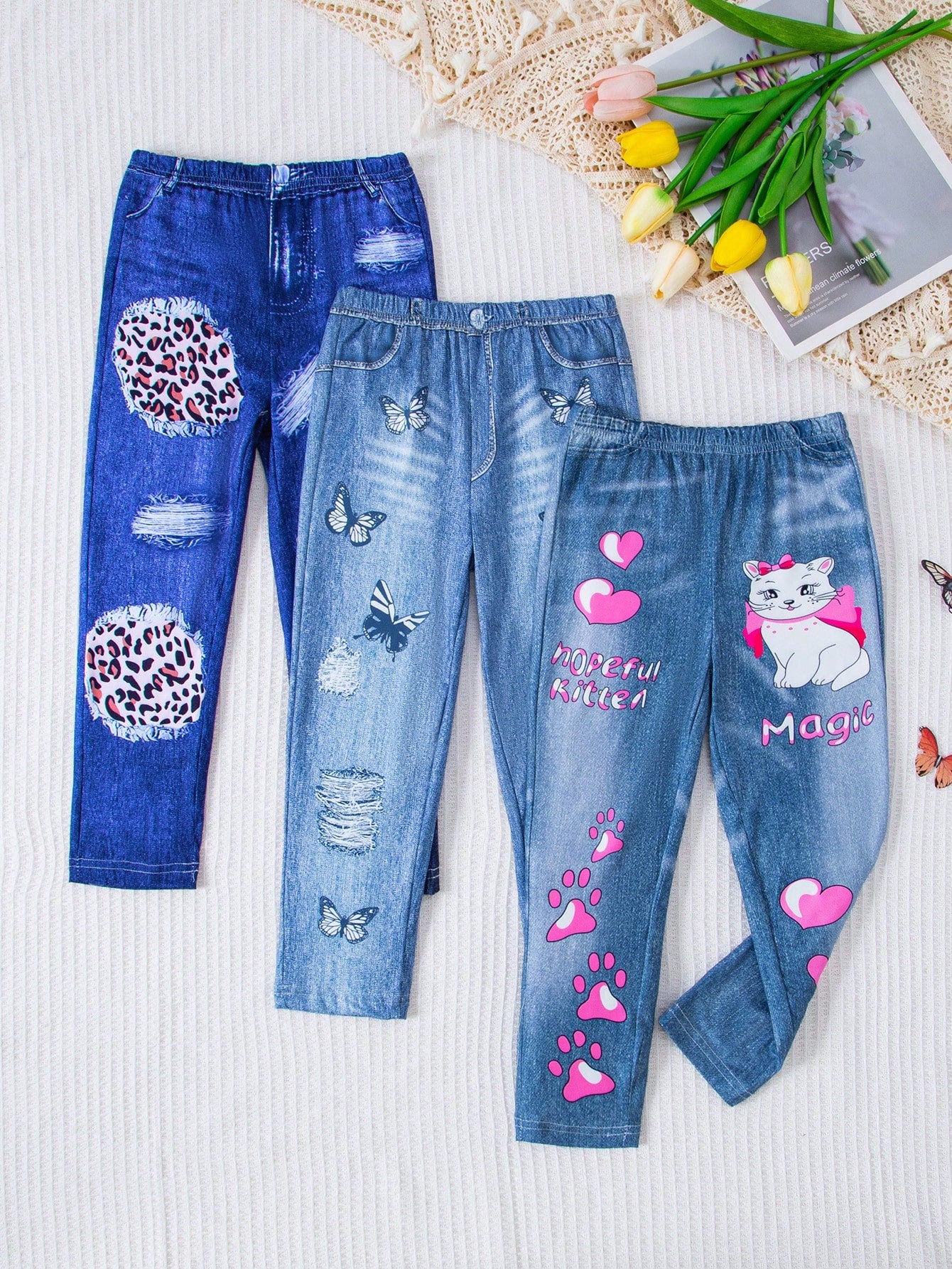 3pcs/Set Young Girls' Casual And Cute Printed Jeans With Denim Effect, Spring/Summer