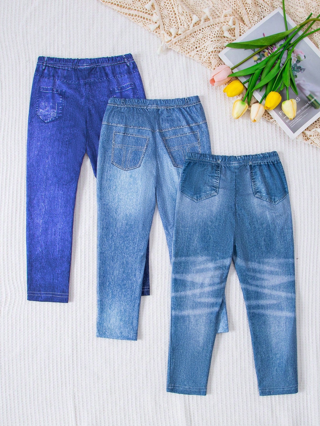 3pcs/Set Young Girls' Casual And Cute Printed Jeans With Denim Effect, Spring/Summer