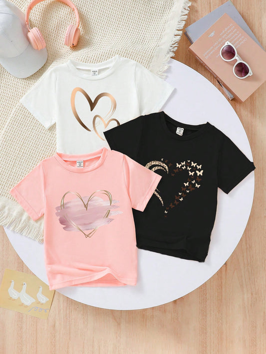 Girl Mother Day Warm Holiday 3pc Leopard Butterfly Heart Print T-Shirt In Summer