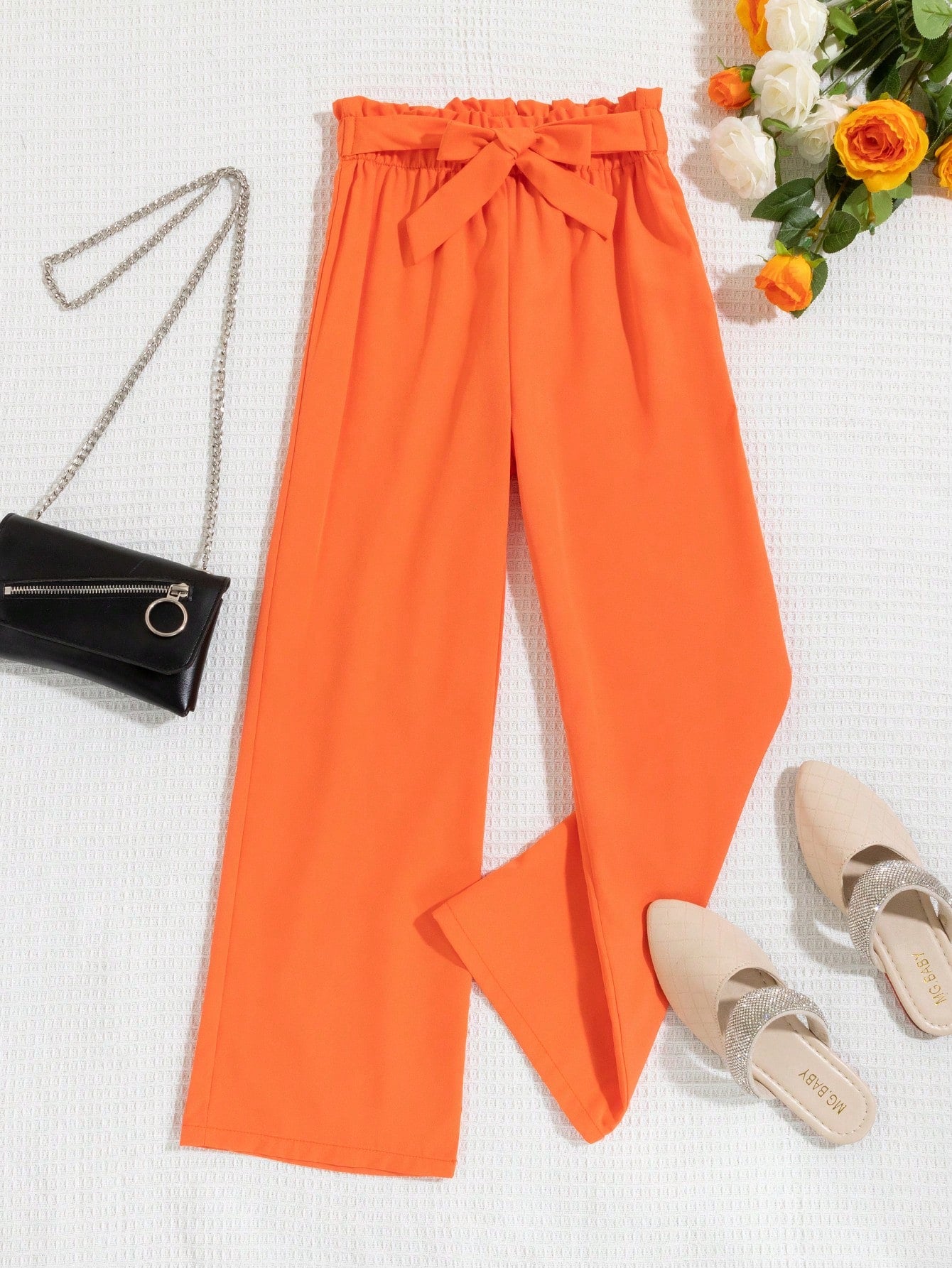 Fashionable And Versatile Girls' Orange Straight Pants With Bow Belt, Four Seasons And Daily Wear