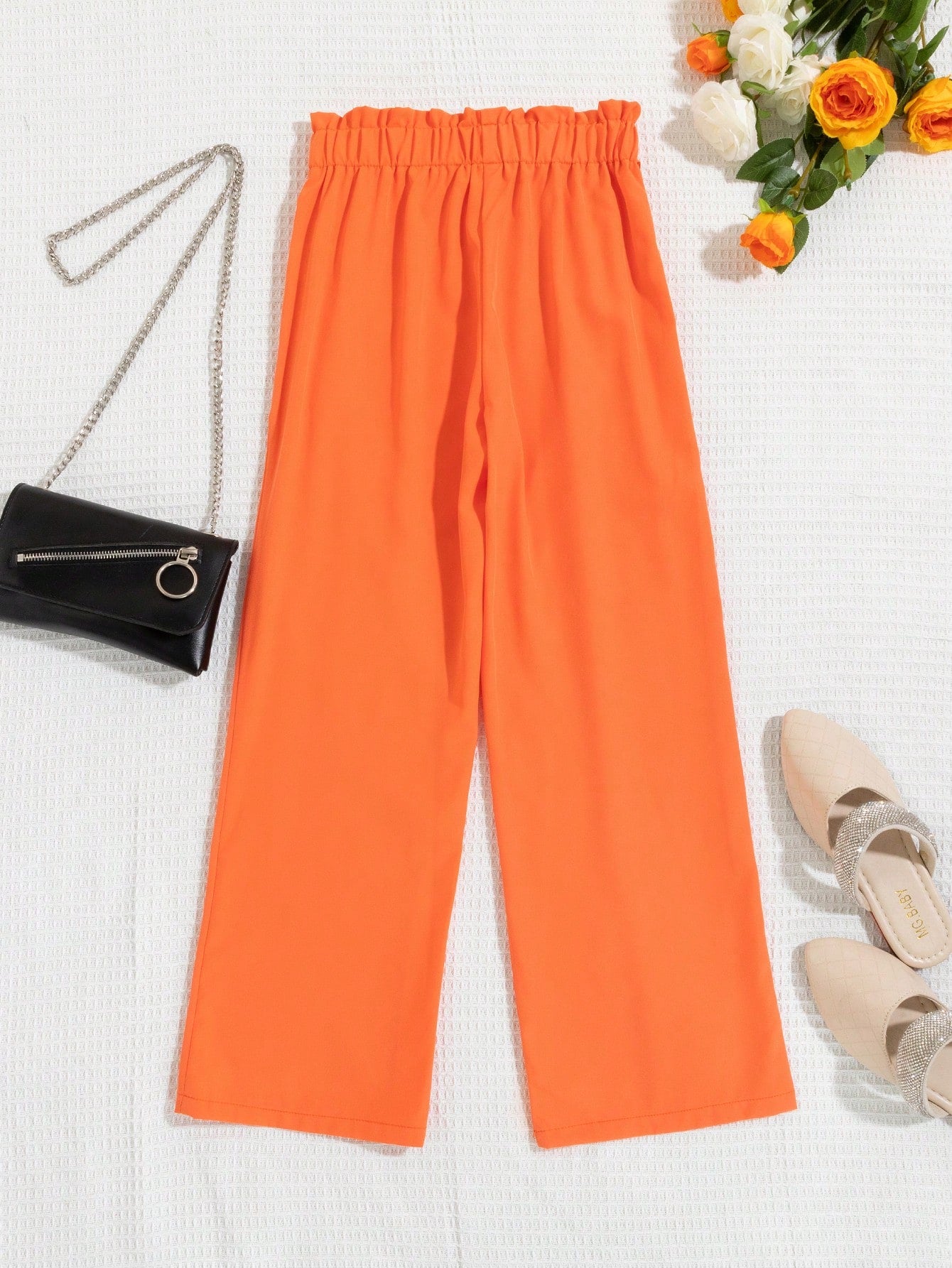 Fashionable And Versatile Girls' Orange Straight Pants With Bow Belt, Four Seasons And Daily Wear