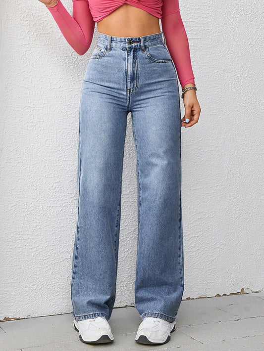 Women Basic Solid Color Button Decoration Denim Pants For Daily Wear