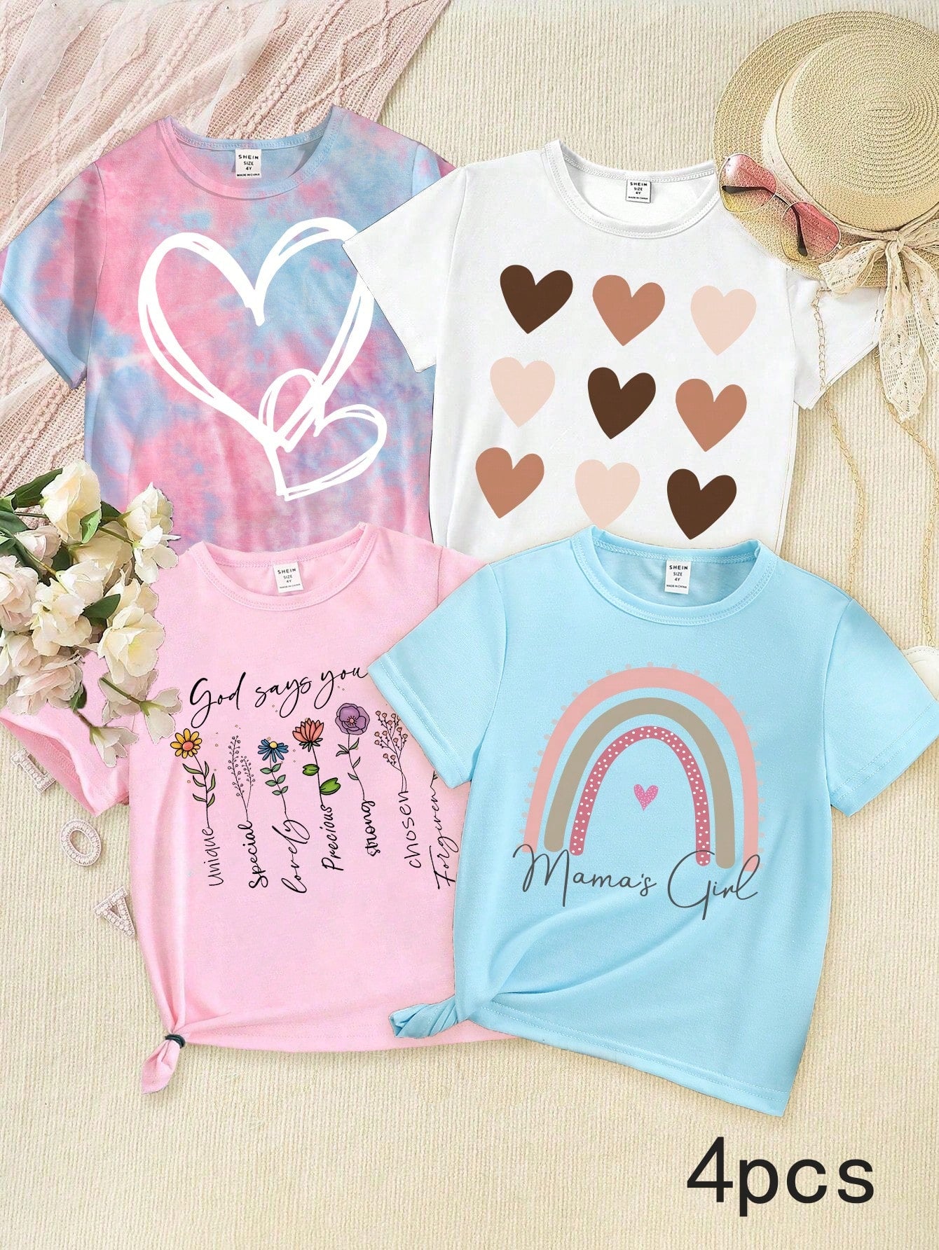 1pc Young Girls' Heart Pattern Printed Short Sleeve T-Shirt With Round Neck For Summer