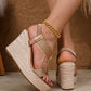 Ladies Detailed Woven Linen Flat Wedge Sandals, Fashionable Hollow-Out Minimalist Elastic Band Open Toe High Heels, Summer Travel Vacation Outdoor Platform Shoes