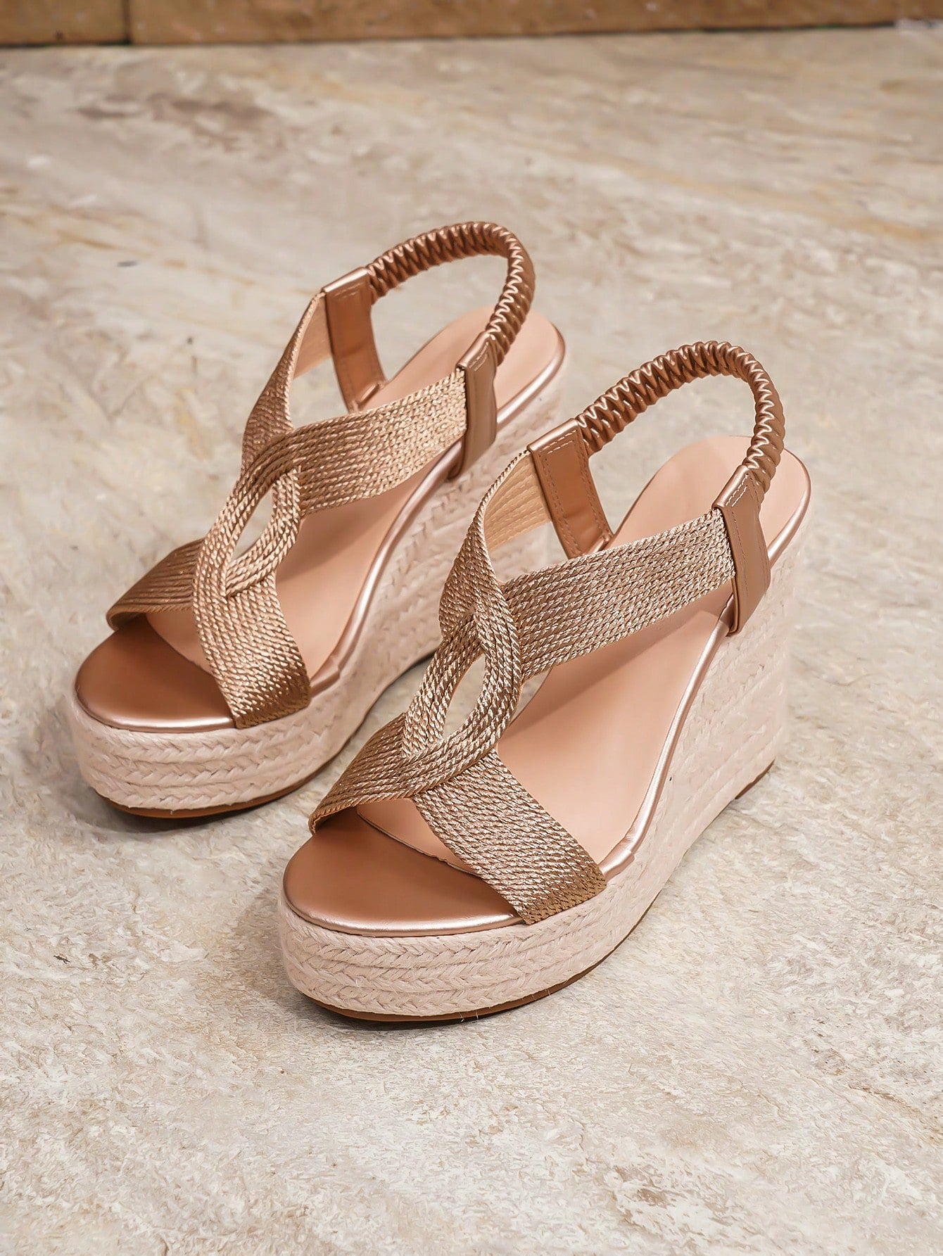 Ladies Detailed Woven Linen Flat Wedge Sandals, Fashionable Hollow-Out Minimalist Elastic Band Open Toe High Heels, Summer Travel Vacation Outdoor Platform Shoes