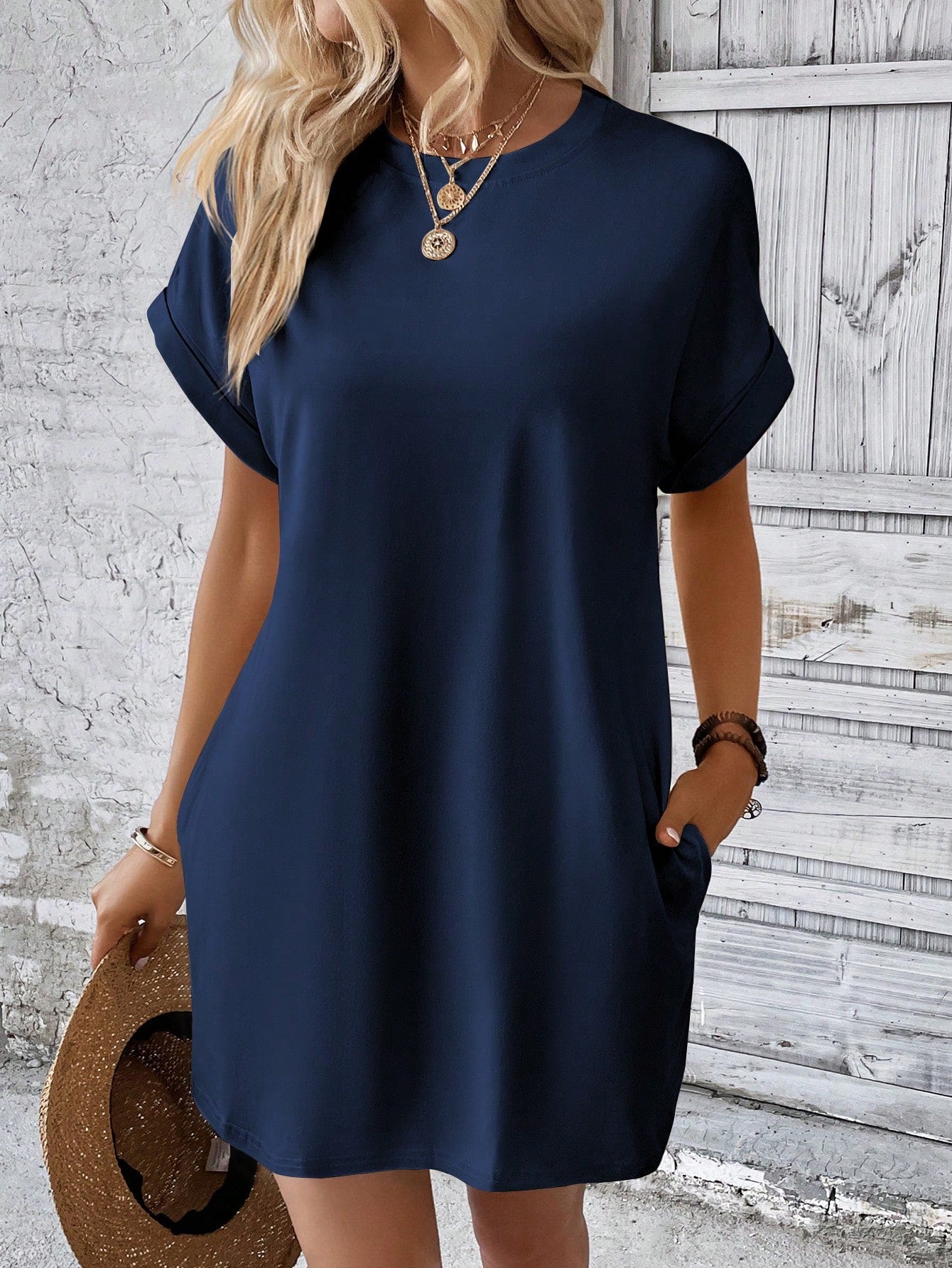 LUNE Solid Hidden Pocket Batwing Sleeve Tee Dress