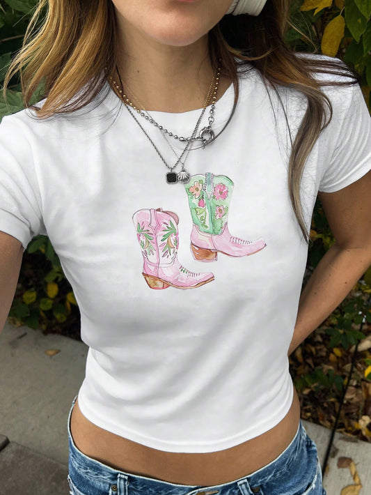 EZwear Summer White Women T-Shirt Cropped Tee Western Boot Print Western Elements Navel-Baring