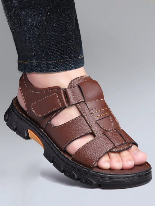 Men Summer Soft Bottom New Sandals Men Breathable Top Layer Cowhide Leather Sandals Wear-Resistant Thick Bottom Leisure Beach Dual-Use Slippers-2512