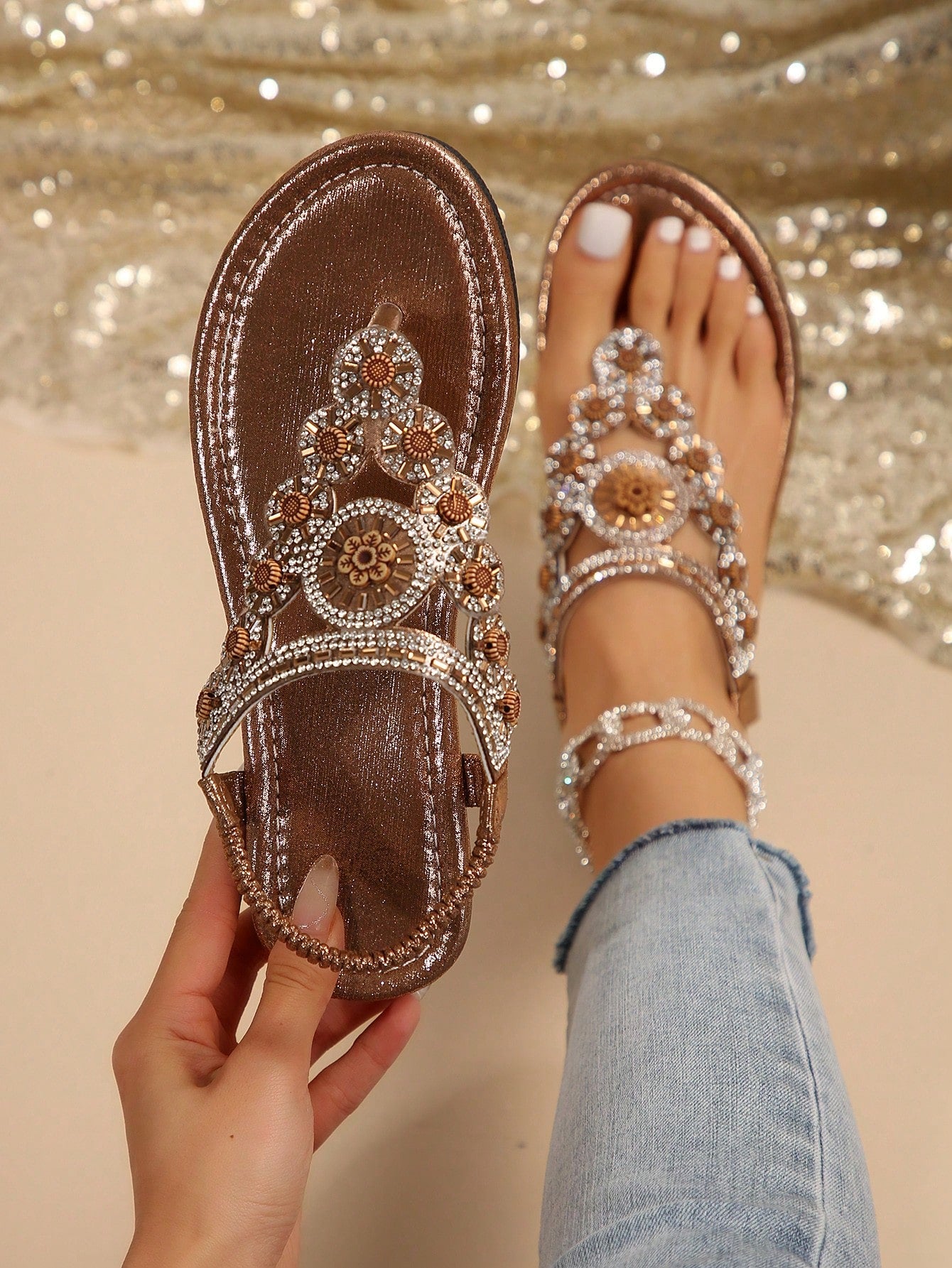 Women Sandals, Bohemian National Style Flat Sandals With Rhinestone Decoration, Open Toe T-Strap Clip Toe Beach Shoes, Summer