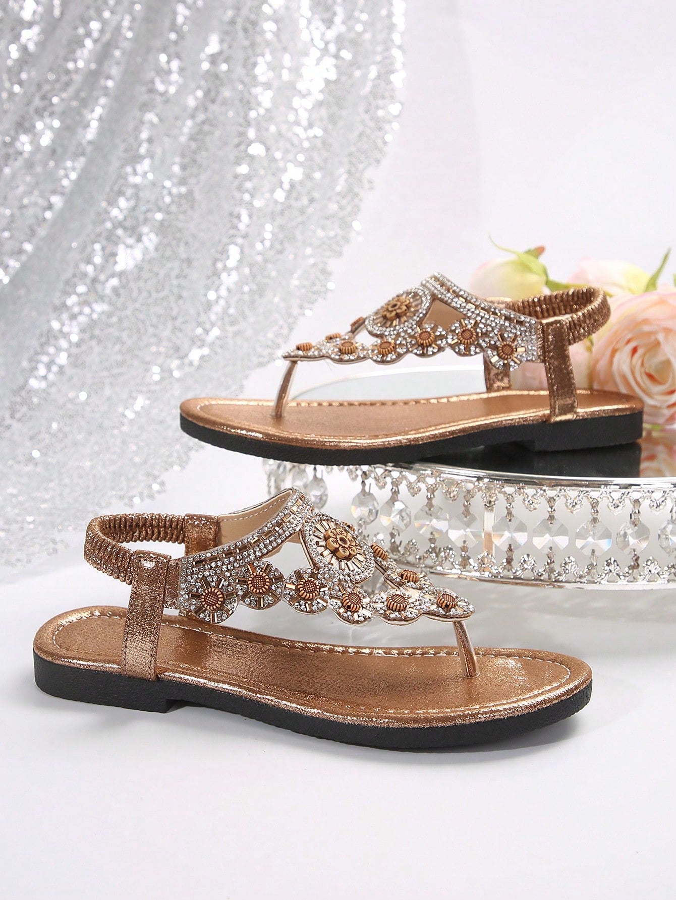 Women Sandals, Bohemian National Style Flat Sandals With Rhinestone Decoration, Open Toe T-Strap Clip Toe Beach Shoes, Summer