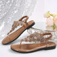 Women Sandals, Bohemian National Style Flat Sandals With Rhinestone Decoration, Open Toe T-Strap Clip Toe Beach Shoes, Summer