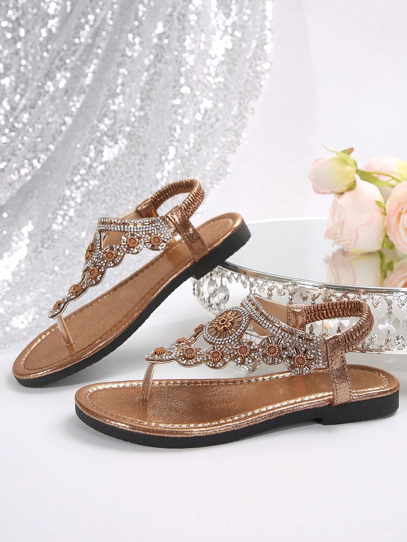 Women Sandals, Bohemian National Style Flat Sandals With Rhinestone Decoration, Open Toe T-Strap Clip Toe Beach Shoes, Summer